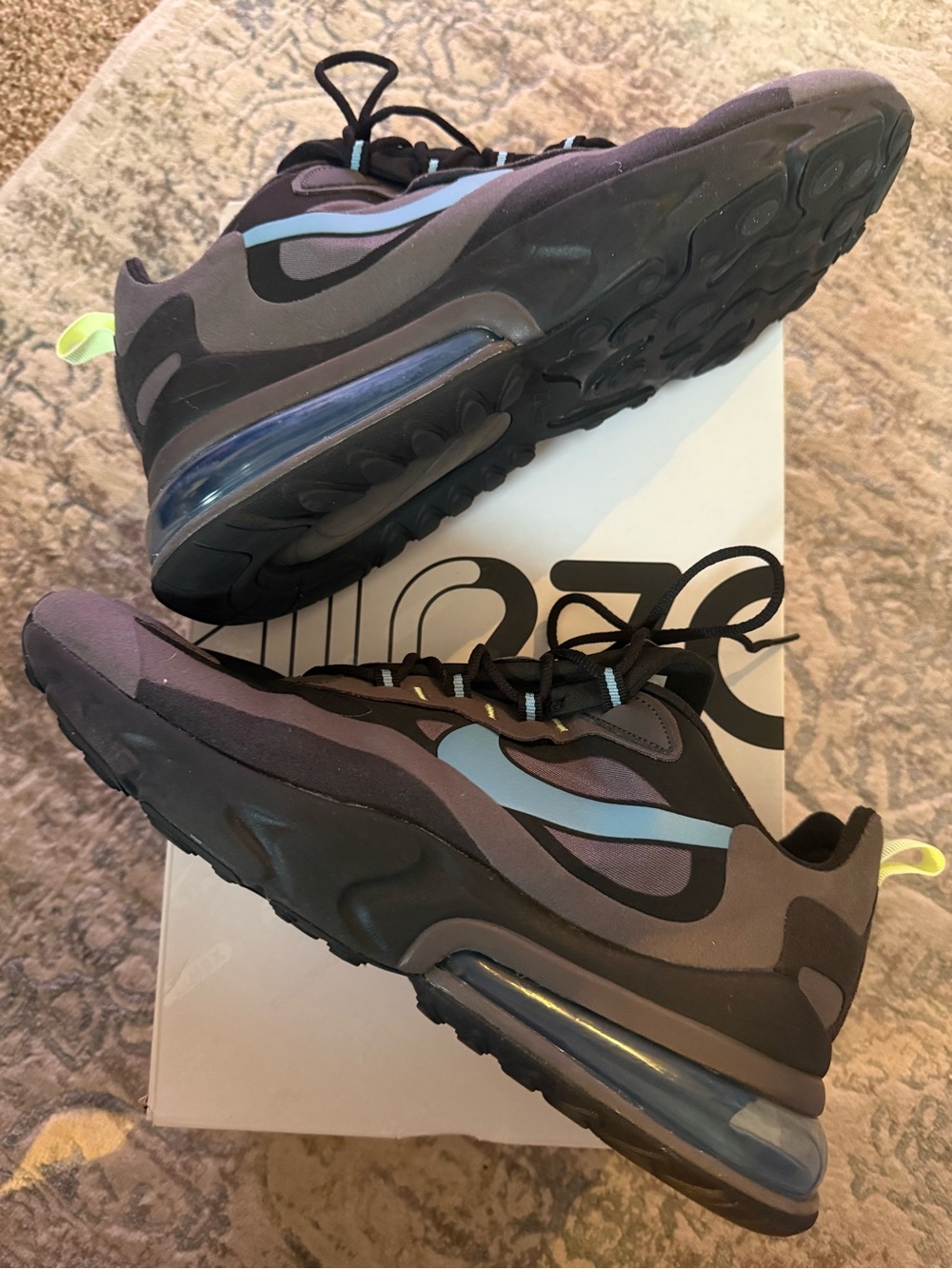 Nike Air Max 270 React Black Thunder Gray with Light Blue Accents